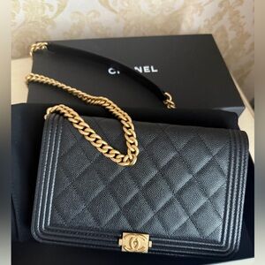 Chanel Black Caviar Boy Wallet On Chain
